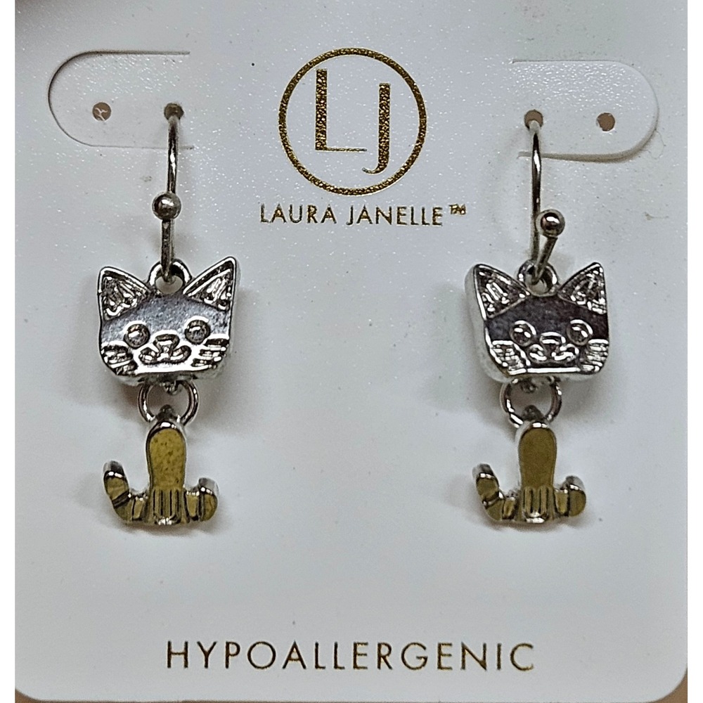 NWT Laura Janelle Cat Dangle Drop Earrings Silver Tone Hypoallergenic Never Worn
